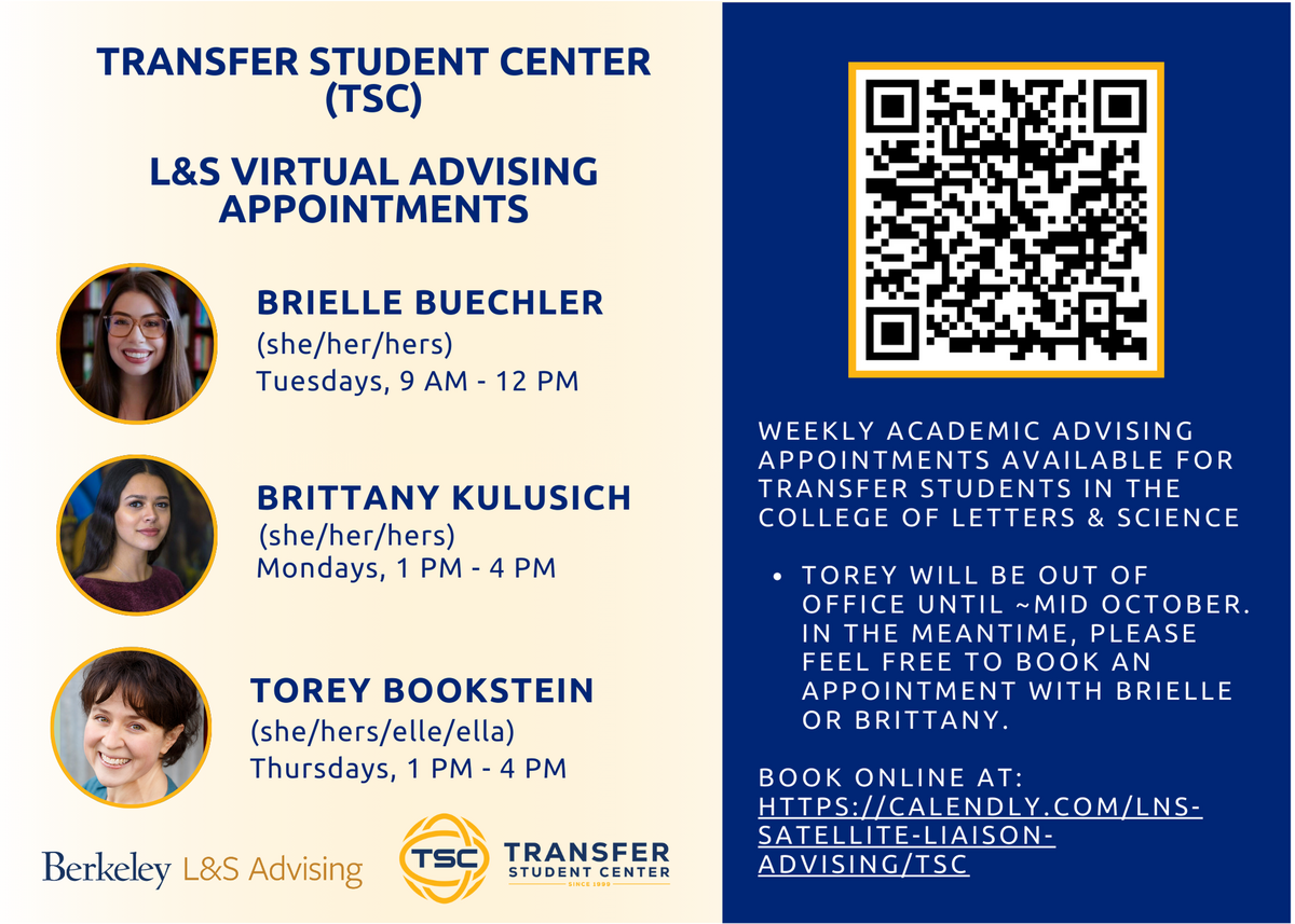 A flyer titled "Transfer Student Center (TSC) L&S Virtual Advising Appointments." The flyer features three headshots and names of academic advisors: Brielle Buechler (Tuesdays, 9 AM - 12 PM), Brittany Kulusich (Mondays, 1 PM - 4 PM), and Torey Bookstein